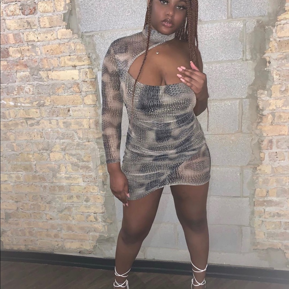 Snake Print Mesh High Neck Cut Out BodyconDress
